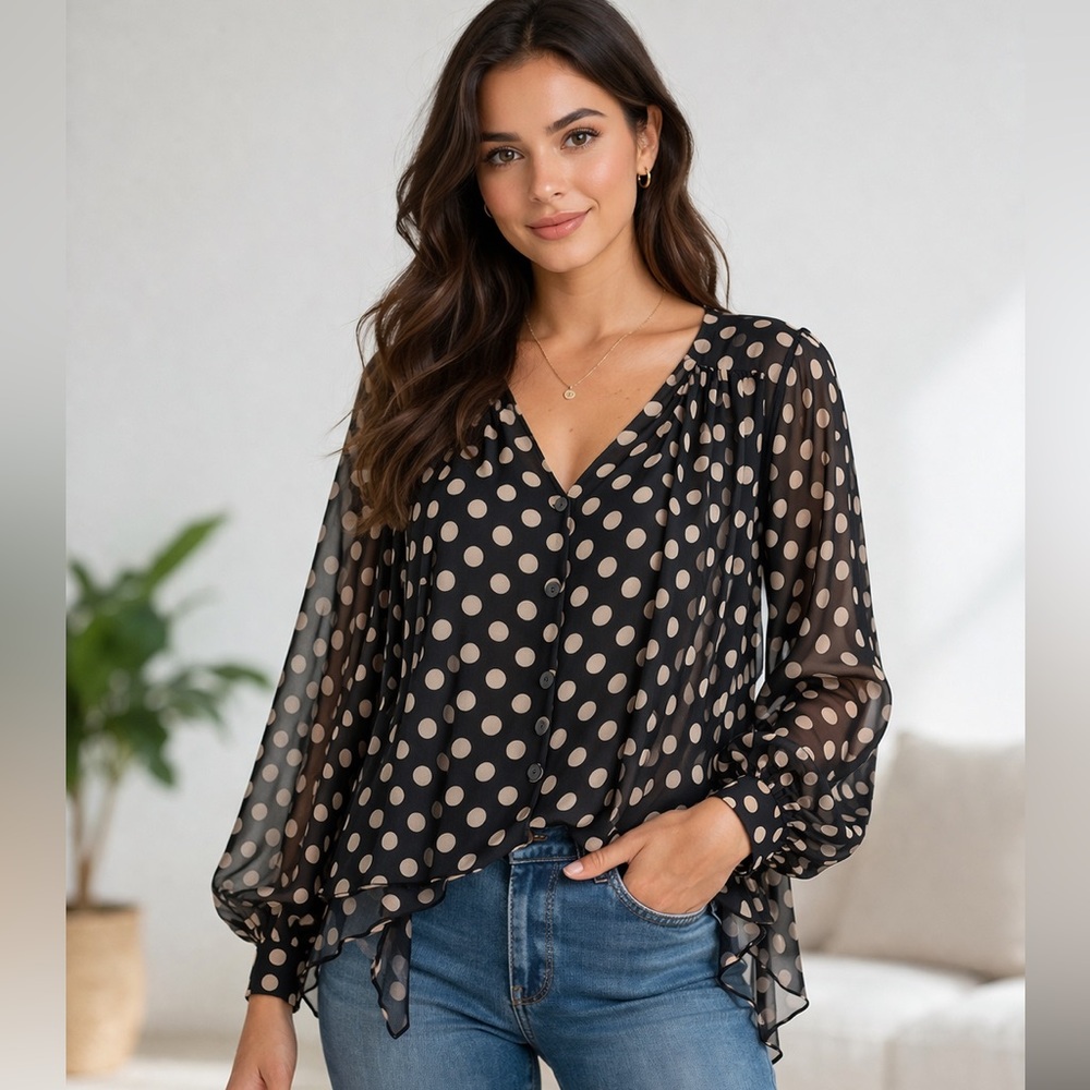 Gigi Boutique Sheer Polka Dot V-Neck Blouse 100% Silk